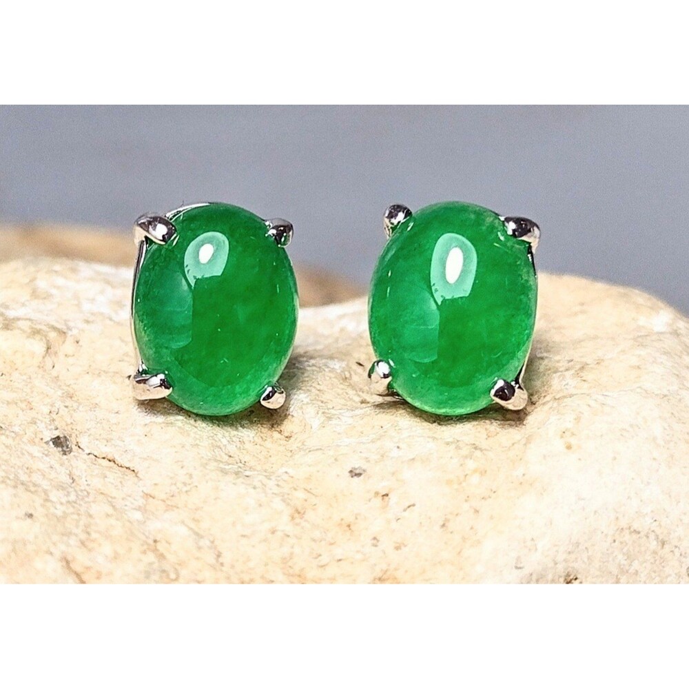 Green Jade Oval Cabochon Stud Earrings